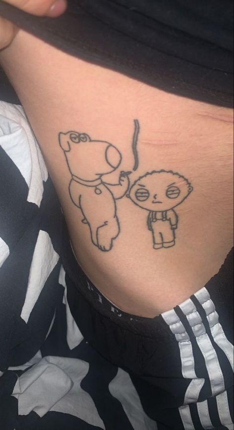 Stewie And Brian Tattoo, Stewie Tattoo Ideas, Brian Griffin Tattoo, Family Guy Stewie Tattoo, Cartoon Matching Tattoos, Matching Cartoon Tattoos, Stewie Griffin Tattoo, Stewie Tattoo, Matching Tattoos For Stoners