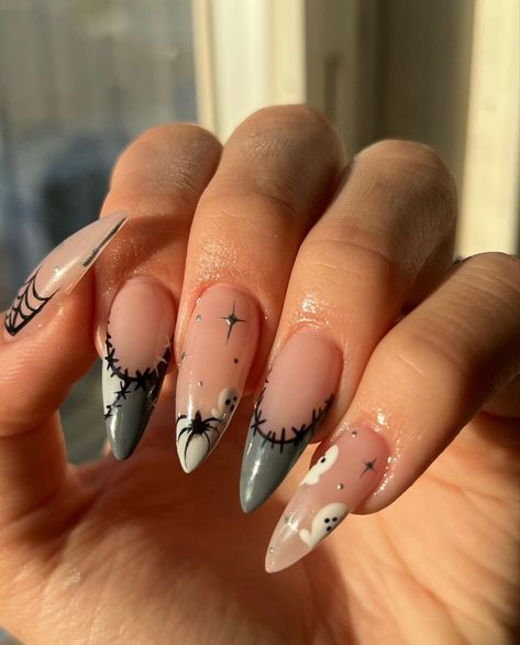 Fall Spooky Nails Almond, Spooky Neutral Nails, Almond Shaped Nails Designs Halloween, Minimal Spooky Nails, Halloween Nails By Skin Tone Range, October Nail Inspo Almond, Aura Halloween Nails, Spooky Simple Nails, Long Almond Nails Halloween