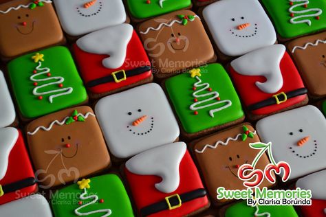 Square Christmas Cookies Decorated, Square Christmas Cookies, Christmas Sugar Cookie Designs, Royal Icing Cookies Recipe, Christmas Sugar Cookies Decorated, No Bake Sugar Cookies, Cute Christmas Cookies, Cookie Decorating Party, Sugar Cookie Designs