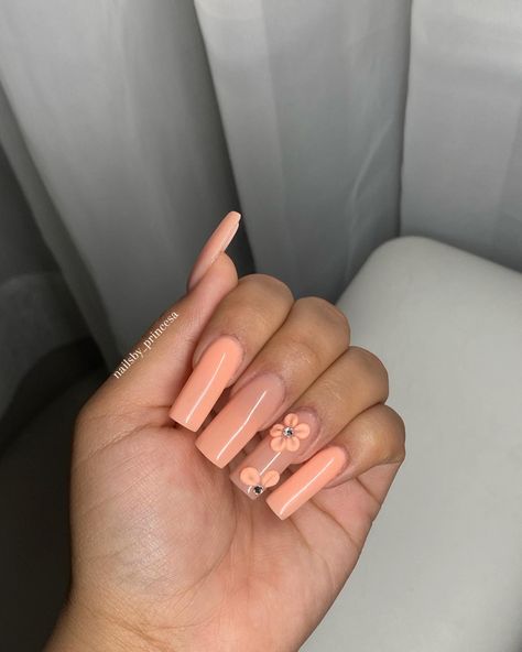 Peach Colored Acrylic Nails, Nail Ideas Peach Color, Nail Inspo Coffin 3d Flower, Peach Color Nails Designs, Cute Medium Acrylic Nails 3d Flower, Long Square Acrylic Nails 3d Flowers, Orange Nails 3d Flowers, Sculpted Flower Acrylic Nails, Peach Acrylic Nails