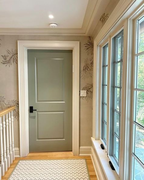 Gideon Mendelson: Interior Designer in New York | An off-white door was the obvious choice. We decided instead on a sage green that relates to the wall covering and adds personality to this… | Instagram Green Interior Doors With White Trim, Sage Green Interior Doors, Sage Green Door Interior, Green Interior Doors, Indoor Door Colors, Green Doors, Painted Interior Doors, Basement Remodel Diy, Remodel Diy