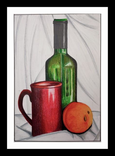 Colour Pencil work.. For Online Drawing Class enquiry or Art order contact 9168212616 Still Life With Pencil Colours, Still Life Drawing Poster Colour, Colour Pencil Still Life Drawings, Still Life Colour Pencil, Still Life Drawing Colour, Life Sketch, Pencil Work, Body Sketches, Colour Pencil