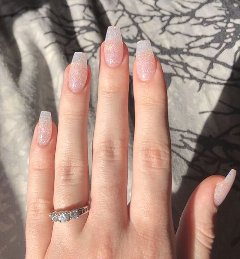 Clear Simple Acrylic Nails, Simple Acrylic Nails With Glitter, Clear Sparkly Nails Acrylic, Slightly Sparkly Nails, Simple Glitter Nails Acrylic, Cute Simple Glitter Nails, Clear And Glitter Nails, Sparkly Acrylic Nails Coffin Glitter, Prom Sparkly Nails