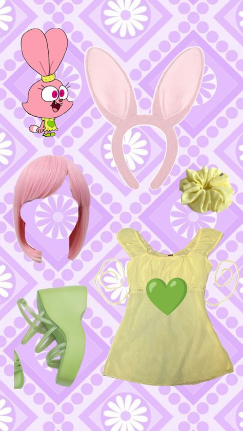 Moodboard with Panini from Chowder, pale dress with green heart for cosplay, green shoes, pink bunny ears and wig, and pale yellow scrunchie, with a light purple background. Chowder Cartoon, Cartoon Halloween Costumes, Cute Couples Costumes, Scary Halloween Decorations Outdoor, Horror Halloween Costumes, Duo Halloween Costumes, Unique Halloween Costumes, Unique Costumes, Scary Halloween Decorations