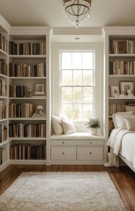 Corner Bookshelves With Seat, Bookshelves Hallway, Unrealistic House, Quaint Farmhouse, Home Library Design, Reading Corner, Home Library, Dream House Decor, My New Room