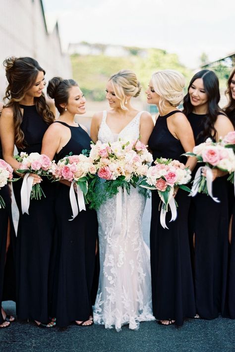 Blush Pink And Black Wedding Bridesmaid Dress, Black Bridesmaid Dress With Pink Flowers, Black And White Wedding With Pink Accent, Black Bridesmaid Dresses Pink Flowers, Black And White Wedding With Pops Of Color, Black Bridesmaid Dresses With Colorful Flowers, Black Bridesmaid Dresses Spring, Black White Blush Wedding, Black White Pink Wedding