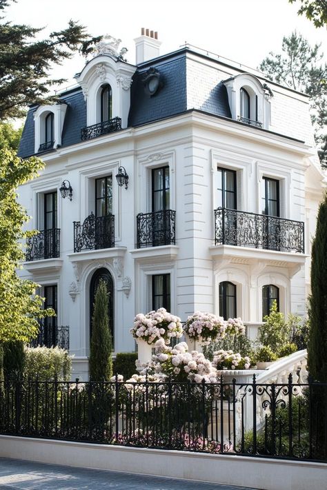 French Home Architecture, Classic French House Interior, Modern Mansion Landscaping, White Classic House, New Money House, French Apartment Exterior, Parisian House Exterior, French Normandy House, French Luxury Interior