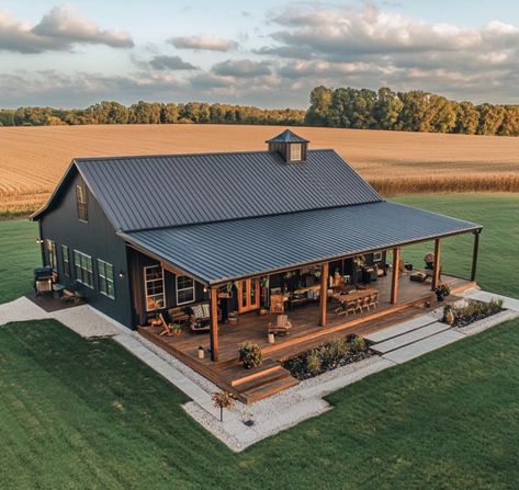 Bardominum Kitchen, Modern Western House Exterior, Carport House Design, Western Barndominium Ideas, Barndimonium House Rustic, Ranch Style Barndominium Exterior, Building Home Aesthetic, Small Barndominium Plans, Off Grid Barndominium