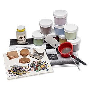 Starter set contains everything you need to create enameled jewelry except the heat source. Enamel is essentially granules of glass that are applied to metal. A torch or kiln is used to fuse the glass onto the metal surface. Copper and fine silver are the ideal metals to use when working with enamel. Set provides an ideal way to start your own enameling workshop or to enhance enameling supplies you already have. Set includes: instructions, trivet, spatula, hot pad, 2-inch sifter, 2-fluid ounces Torch Fired Enamel Jewelry Fire Mountain Gems And Beads, Torch Fired Enamel Jewelry, Enameling Jewelry, Instructional Materials, Enameled Jewelry, Mixed Media Supplies, Jewelry Making Project, Metal Surface, Fire Mountain Gems And Beads