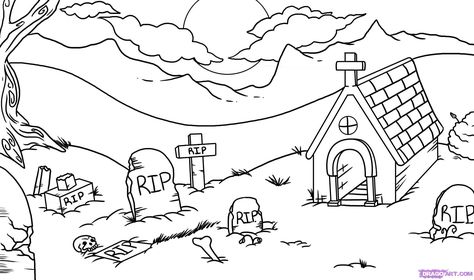 how to draw a graveyard step 7 Halloween Graveyard Drawing, Graveyard Drawing Simple, Graveyard Doodle, Grave Yard Drawing, Graveyard Sketch, Graveyard Drawing, Witchy Drawings, Halloween Chalkboard Art, Shadow Book