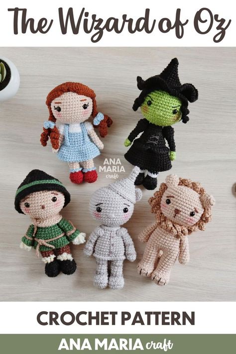 Learn how to make the four friends and the Wicked Witch of The Wizard of Oz! This pattern is available in English. Detailed explanation ebook containing step-by-step photos for crocheting Dorothy, Scarecrow, Tin Man, Lion and Wicked Witch. NOTE: Knowledge in basic crochet and making of Amigurumis is required. DIFFICULTY: Intermediate/Advanced. US terms. Wizard Of Oz Amigurumi, Crochet Wizard Of Oz Free Pattern, Crochet Wicked Patterns, Wizard Of Oz Crochet Patterns, Wicked Crochet Pattern, Crochet Wizard Of Oz, Wicked Crochet, Wizard Of Oz Crochet, Crochet Wizard