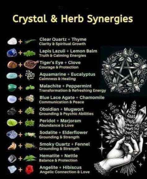 Crystal And Herb Pairings, Psychic Herbs, Green Witch Spells, Crystals For Plants, Curated Content, Witch Spirituality, Grimoire Book, Magic Herbs, Wiccan Spell Book