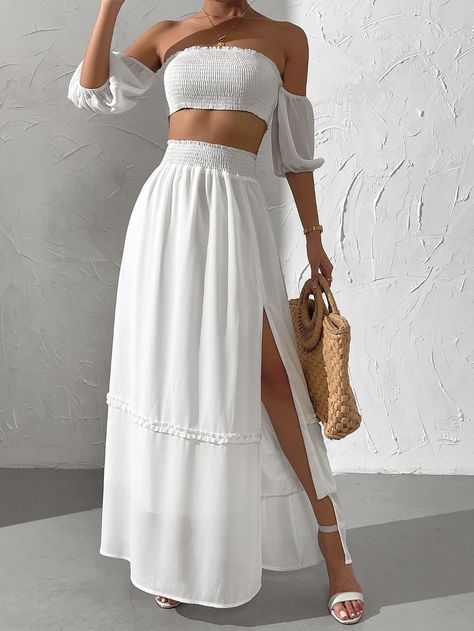 Off Shoulder Shirred Tie Back Crop Top & Split Thigh Skirt Set | SHEIN USA Two Piece White Outfit Skirt, Two Piece Maxi Skirt Set Boho, Two Piece Outfits Skirt, Caribbean Summer, Lengha Blouse Designs, Thigh Skirt, Tie Back Crop Top, Long Flowing Skirts, Two Piece Dress Casual