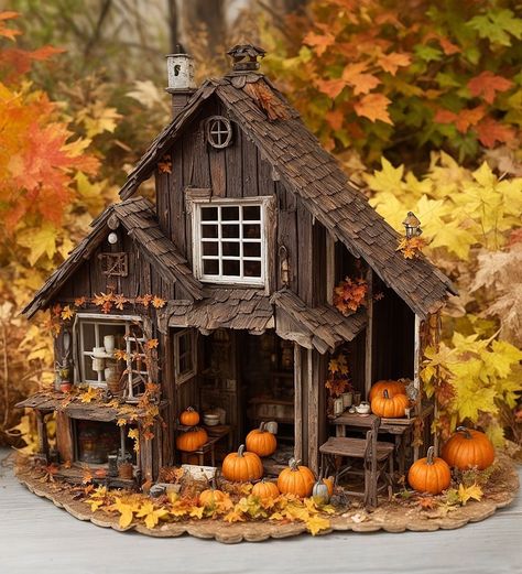 Miniature Fairy House, Hand Art Kids, Fall Cottage, Fairy House Crafts, Pumpkin House, Fairy House Diy, Fairy Garden Crafts, Bird Cage Decor, Doll House Plans