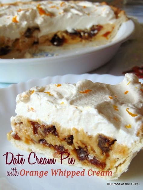 Date Cream Pie with Orange Whipped Cream Date Pie Recipes, Date Pie, Dates Dessert, Orange Whipped Cream, Date Cream, Custard Pies, Whipped Cream Topping, Flavored Whipped Cream, Dessert Cafe