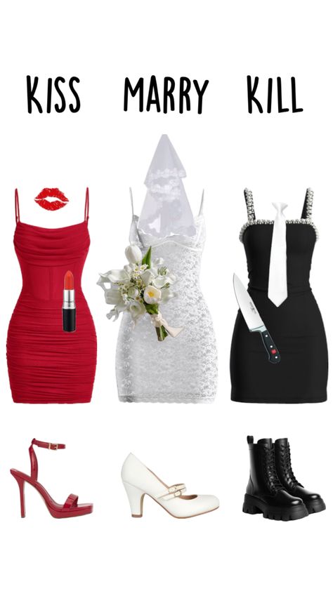 Kiss marry kill costume inspo #kissmarrykill #costumeinspo #inspo #fyp #halloween Kiss Marry Kill Costume, Kiss Halloween Costumes, Kill Costume, Kiss Marry Kill, Halloween Kiss, Joker Halloween Costume, Kiss Costume, Trio Costumes, Cute Group Halloween Costumes