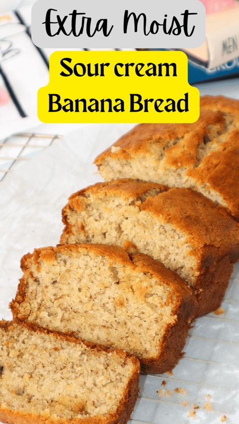 Moist Banana Bread Recipe Sour Cream, Banana Bread With Sour Cream, Sour Cream Banana Muffins, Bread With Sour Cream, Banana Sour Cream Cake, Cream Bread Recipe, Banana Bread Muffin Recipe, Super Moist Banana Bread, Sour Cream Banana Bread