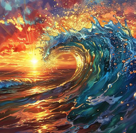 Ocean Waves Drawing, Ocean Art Ideas, Beach Reference, Sunset On Water, Ocean Wave Drawing, Ocean Art Painting, Ocean Paintings, Waves Painting, Wave Drawing