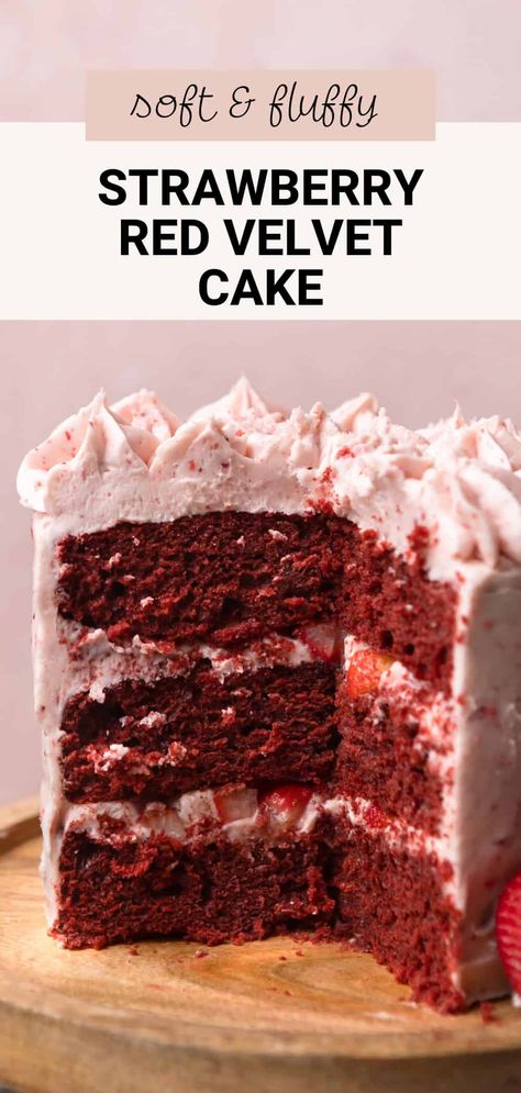 This strawberry red velvet cake has an ultra-moist and velvety texture! It has tangy strawberry cream cheese frosting and is filled with real chopped strawberries. It's a pretty pink cake that is perfect served for Valentine's Day, at birthday parties, or at any special event. Red Velvet Cake With Strawberry Filling, Fillings For Red Velvet Cake, Light And Fluffy Chocolate Cake, Strawberry Cream Cheese Frosting Cake, Chocolate Cake With Strawberry Icing, Strawberry Gateau Cake, Red Velvet Cherry Cake, Strawberry Velvet Cake Recipe, Strawberry Red Velvet Cake