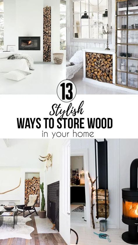 Stylish Ways To Store Wood in Your Home; cute and high style ways to hide or display wood in your home when you have a fire place or a wood burning stove. Bring on the heat and adorable piles of wood! #woodstove #fireplace #storingwood #woodpiles How To Store Firewood Inside, Firewood Display Living Rooms, Diy Wood Rack Indoor, Living Rooms With Wood Stoves, Fireplace Organization, Wood Storage Fireplace, Indoor Wood Storage, Log Store Indoor, Wood Holder For Fireplace