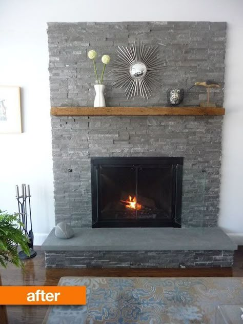 Before & After: Patience's Fairytale Fireplace Makeover   Bluestone on hearth and covered up the brick with stone facade. Wash Brick Fireplace, Beam Mantle, Grey Stone Fireplace, Fireplace Walls, Grey Fireplace, Heat Spray, Fireplace Makeovers, Brick Fireplaces, Painted Brick Fireplace