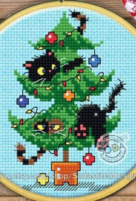 Christmas Cat Cross Stitch, Easy Cat Cross Stitch Patterns, Cat Christmas Cross Stitch, Cat Christmas Cross Stitch Patterns, Paw Print Christmas Tree Cross Stitch, Cat Cross Stitch Charts, Calico Cat Cross Stitch Pattern, Dog And Cat Cross Stitch Pattern, Cross Christmas Tree