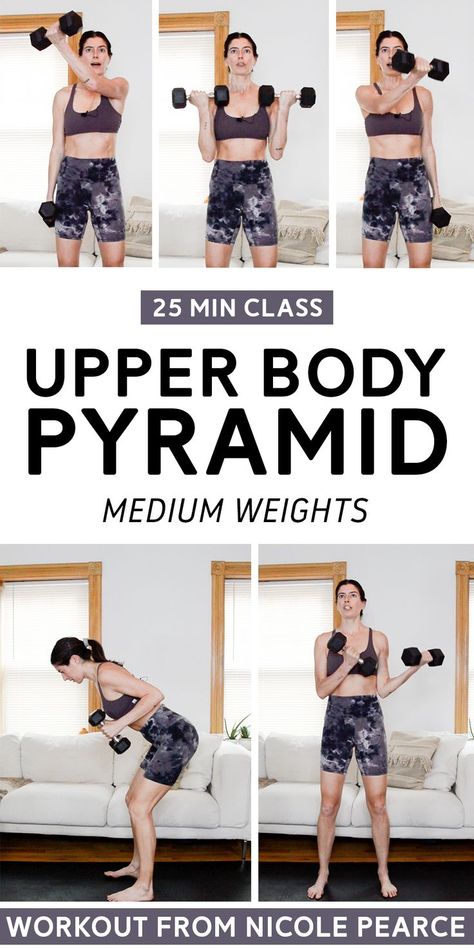 This 25 min upper body pyramid workout focuses on biceps, triceps, and shoulders. Six upper body strength exercises, you go through them three times, first for 60 sec each, then 45, then just 30. A motivating, challenging arm workout! #armworkout #upperbodyworkout #pyramidworkout Beginner Workout Video, Pyramid Workout, Hiit Workout Videos, Dumbbell Workouts, Weight Training Routine, Workout Classes, Workout Videos Free, Strength Exercises, Home Workout Videos