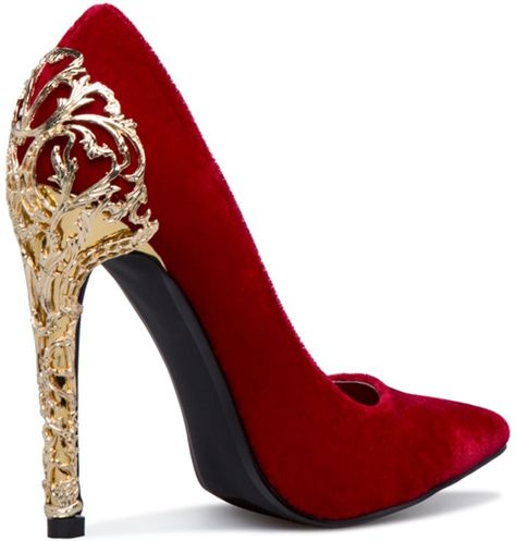 Embellished 'Krya' Pump With Gold Filigree Heel Quinceanera Heels, Quince Heels, Red Velvet Shoes, Black Heels Prom, Quinceanera Shoes, Red Fairy, Red Quince, Fancy Heels, Red Quinceanera Dresses