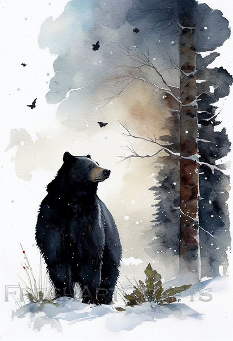 Art With Branches, Bear Painting Ideas, Watercolor Bear Paintings, Whimsical Bear Art, Black Bear Pictures, Winter Watercolor Paintings, Black Bear Illustration, Bear Acrylic Painting, Winter Painting Ideas