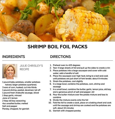 Shrimp Boil Foil Packs, Julie Chrisley, Shrimp Boil Foil, Pizza Sandwich Recipe, Foil Packs, Shrimp Boil, Seafood Boil, Fish Dishes, Seafood Dishes