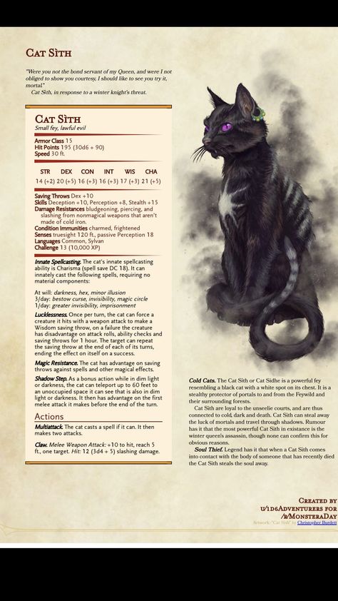 Cat Sith Black Cat Familiar Dnd, Dnd Magical Creatures, Dnd Imp Familiar, Dnd Moss Kitten, Quasit Familiar Dnd, Cat Druid Dnd, D&d Creatures Monsters, Dnd Magic Creatures, Moss Kitten Dnd