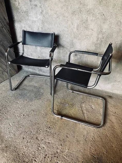 Mart Stam and Marcel Breuer dining chair. Another design from the 1920s that became hugely popular during the 1970s Marcel Breuer Chair, Breuer Chair, 1950s Italy, 1960s Italy, Mart Stam, Black Leather Chair, Chrome Chair, Cantilever Chair, Marcel Breuer