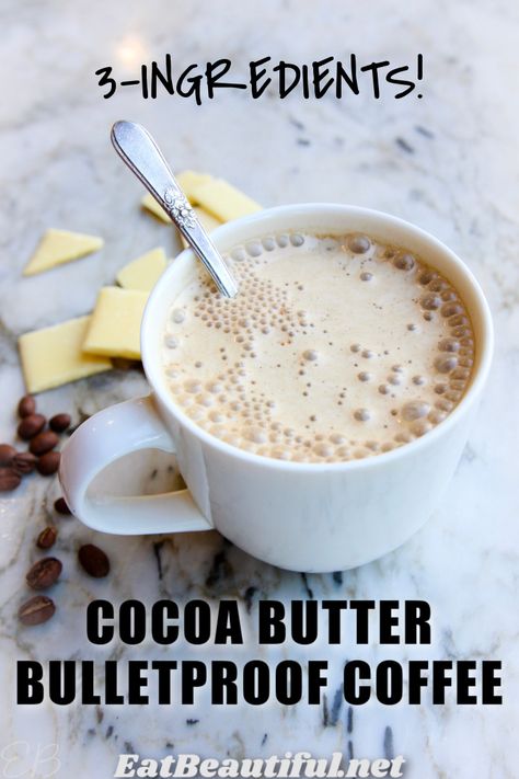 Cocoa Butter Bulletproof Coffee is the absolute most delicious version of bulletproof coffee, with a fine creamy foam and rich chocolate flavor. | Eat Beautiful Recipes | cocoa butter | bulletproof coffee | recipes | keto | paleo | dairy free || #cocoabutter #bulletproofcoffee #recipe #keto #paleo Butter Coffee Keto, Keto Bulletproof Coffee Recipe, Cocoa Butter Recipes Food, Coffee Replacement Drinks, Benefits Of Bulletproof Coffee, Carnivore Coffee, Cocoa Butter Recipes, Keto Coffee Recipes, Butter Coffee Recipe