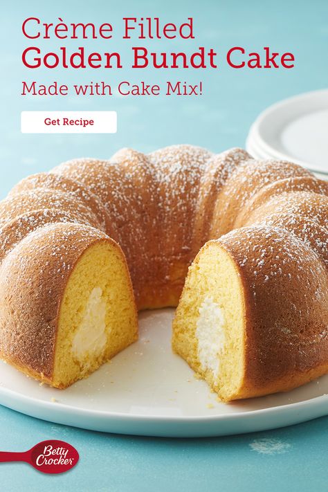 Flip your idea of bundt cake on its head with a bundt cake recipe that's as sweet as it is easy! How do we make it so simple? With a little help from Betty Crocker yellow cake mix. If you've been waiting to try out a unique bundt cake recipe, we've made this one extra moist with pudding mix and marshmallow crème. Enjoy the process, love the easy dessert. Bundt Cake With Pudding In The Middle, Filled Bundt Cake Recipes From Mix Boxes, Pudding Filled Bundt Cake Recipes, Vanilla Bundt Cake With Pudding, Bundt Cake With Filling In The Middle, Bunt Cake With Cake Mix And Pudding, Bundt Cake Recipes From Mix Boxes Instant Pudding, Betty Crocker Pound Cake Mix Recipes, Bundt Cakes From Cake Mix Boxes