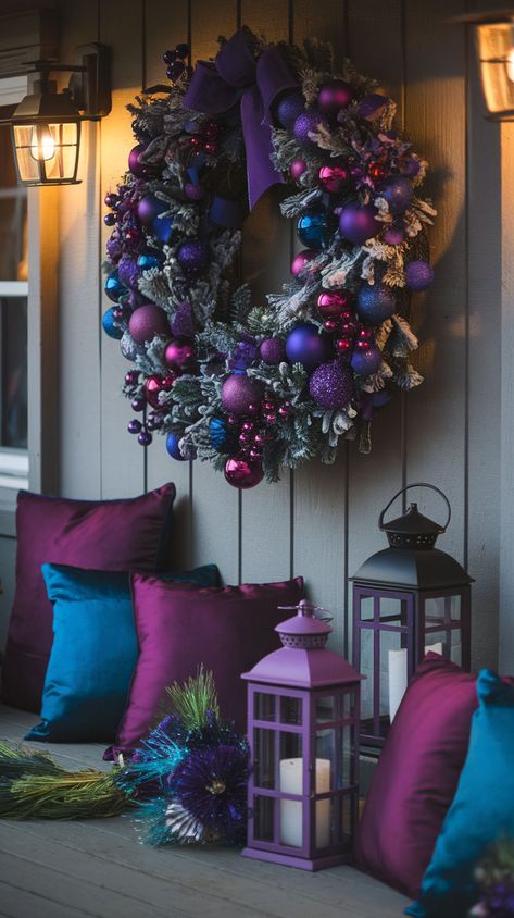 Step up your Christmas decor game with purple! Explore festive porch ideas to add a touch of elegance and originality to your holiday decorations. Porch Styling Ideas, Purple Christmas Wedding, Porch Styling, Decorations For Christmas, Christmas Front Porch, Purple Christmas, Christmas Porch, Front Porch Christmas Decor, Holiday Looks