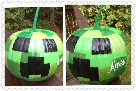 I painted this creeper Minecraft pumpkin for a little Minecraft fan:-) Minecraft Pumpkin Decorating, Pumpkin Painting Ideas Minecraft, Minecraft Painted Pumpkins, Minecraft Pumpkin Painting, Minecraft Creeper Pumpkin, Creeper Pumpkin, Literary Pumpkins, Minecraft Pumpkin, Painting Minecraft