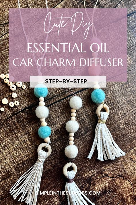 Picture of 3 car charm essential oil diffusers on wood table Felt Diffuser Diy, Car Scent Diy Essential Oils, Macrame Oil Diffuser Car, Wood Bead Diffuser, Macrame Car Defuser, Airfreshners For Car Diy, How To Make Car Air Freshener Diy Beads, Scented Car Fresheners Diy, Car Refresher Diy