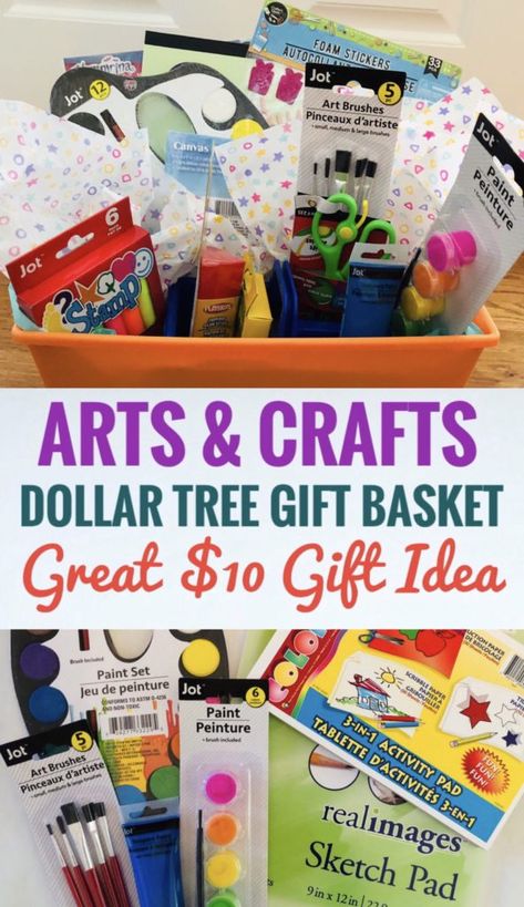 Dollar Tree Arts and Crafts Gift Basket - Use items from Dollar Tree to easily create this Arts and Crafts Gift Basket for the crafty kids in your life. Great inexpensive gift idea for kids! #dollartree #giftbaskets #giftbasketideas #giftsforkids #dollartreefinds Art Basket Gift For Adults, Arts And Crafts Raffle Basket Ideas, Art Basket Ideas, Arts And Crafts Basket Ideas, Cheap Diy Gift Basket Ideas, Arts And Crafts Gift Basket, Dollar Tree Birthday Gift Ideas, Kids Gift Basket Ideas, Dollar Tree Arts And Crafts