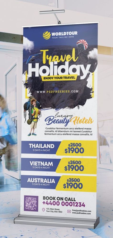 Tour and Travel Roll Up Banner PSD | PSDFreebies.com Travel Banner Design, Rollup Banner Design, Roll Up Design, Rollup Banner, Roll Up Banner, Hiking And Camping, Travel Packages, Tour Operator, Travel Tours