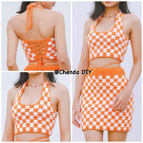 Chenda Diy, Crop Top Tutorial, Crochet Patchwork Blanket, Checkered Crochet, Crochet Checkered, Checkered Crop Top, Easy Crochet Hat Patterns, Crochet Blouse Pattern, 2022 Review