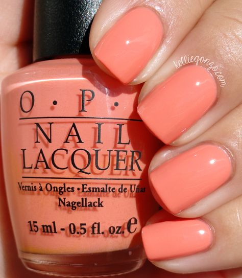 OPI Apricotcha Cheating // kelliegonzo.com Peach Colour Nail Polish, Opi Coral Colors, Coral Nail Polish Colors, Opi Peach Colors, Summer Opi Colors, Apricot Nail Color, Holiday Nails Summer 2023 Coral, Coral Nail Colors, Spring Nails Peach