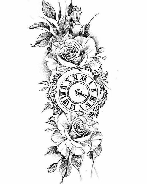 Clock And Rose Tattoo Design For Women, Roses And Sunflowers Tattoo Half Sleeves, Old Clock Tattoo Design, Clock Tattoos For Women, Old Clock Tattoo, Christian Wrist Tattoos, Arm Tattoos Lettering, Clock And Rose Tattoo, Dotwork Tattoo Mandala