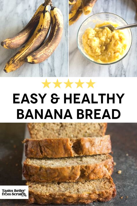 Ready to bake something wholesome and sweet? Try this Easy, Healthy Banana Bread recipe! Made with low sugar and no oil, each slice is just over 100 calories, but the flavor is immeasurable. This simple banana bread recipe yields a loaf that's incredibly moist, perfectly sweet, and utterly delicious - truly a guilt-free indulgence. Whether you're serving it up for breakfast, a snack, or dessert, this healthy banana bread is a winner! Don't forget to save this pin for an easy go-to! Quick Healthy Banana Bread, Easy And Healthy Banana Bread, Healthier Banana Bread Muffins, Banana Bread Made With Cottage Cheese, Healthy Banana Snacks Easy, Easy Low Calorie Banana Bread, Banana Bread Simple Recipe, Bananas Breakfast Recipes, How To Make Healthy Banana Bread