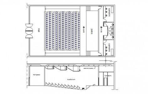 Plan and section detail of multiplex theater building block 2d view layout fie in dwg format Movie Theater Floor Plan, Multiplex Cinema Design, Multiplex Plan, Cinema Plan, Theatre Plan, Auditorium Plan, Staircase Detail, Theater Building, Theater Plan