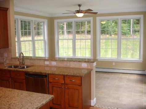 Sunroom Connected To Kitchen, Kitchen And Sunroom Addition, Kitchen Open To Sunroom, Great Room Additions Off Kitchen, Sunroom Off Kitchen Ideas, Kitchen Window Looking Into Sunroom, Kitchen Expansion Into Sunroom, Kitchen Sunroom Combo, Big Kitchens