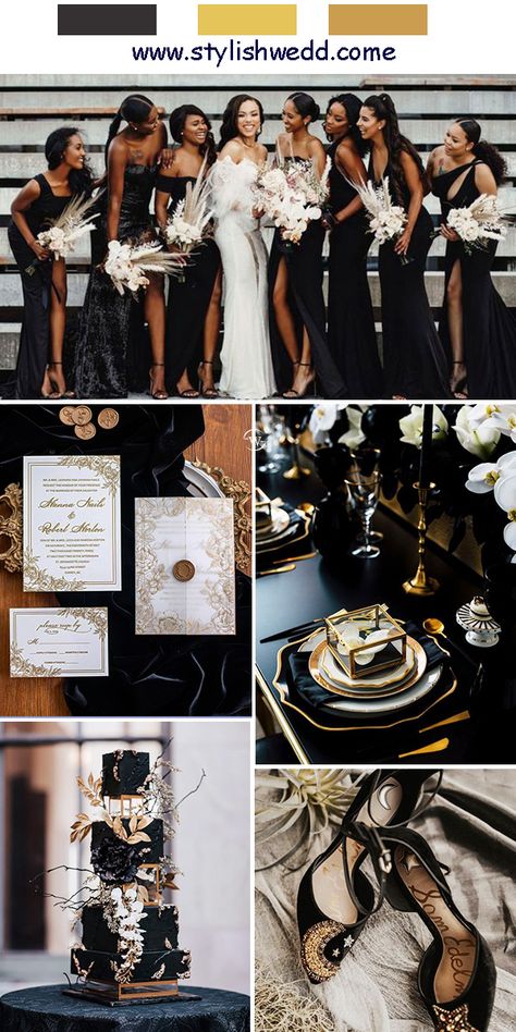 Black Excellence Wedding Theme, Wedding Theme Ideas Black And Gold, Wedding Colors Black And Gold, Black And Gold Summer Wedding, Color Schemes Wedding Fall, Black And Gold Wedding Inspiration, Black And Gold Spring Wedding, Wedding Colour Schemes Black, Dark Themed Wedding Color Schemes