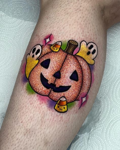 Colorful Ghost Tattoo, Pumpkin Flash Tattoo, Girly Halloween Tattoo Ideas, Glitter Ghost Tattoo, Halloween Tattoo Ideas Color, Halloween Candy Tattoo, 333 Tattoos, Spooky Kawaii Tattoo, Fall Tattoos