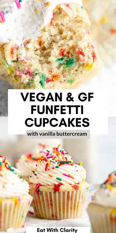 These vegan and gluten free vanilla funfetti cupcakes are moist, easy to make and made in just one bowl! With a light and fluffy texture and topped with vegan vanilla buttercream. Gluten Free And Vegan Cupcakes, Gluten Free Egg Free Cupcakes, Gluten Free Dairy Free Funfetti Cake, Vegan Gf Cupcakes, Allergy Free Cupcakes, Cupcake Recipes Vegan, Gf Df Cupcakes, Gluten Free Funfetti Cupcakes, Vegan Funfetti Cupcakes