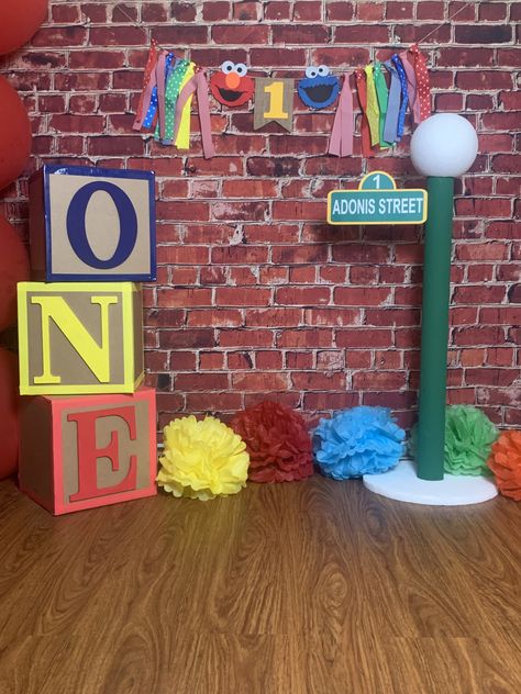 Elmo’s World Backdrop, Sesame Street Winter Birthday, Super Grover Birthday Party, Diy Sesame Street Decorations First Birthdays, Sesame Street First Birthday Pictures, Sesame Street Birthday Pictures, Cookie Monster 1st Birthday Backdrop, Simple Sesame Street Birthday Party, Elmo Party Food Ideas