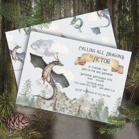 Enchanted Watercolor, Mountain Birthday Party, Mountain Birthday, Dragon Birthday Invitations, Forest Dragon, Dragon Birthday Parties, Fairytale Forest, Watercolor Woodland, Flying Dragon